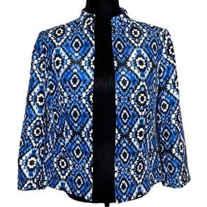 Kasper Cabana Blue Black & White Ikat Open Front Mandarin Collar Blazer Size 8